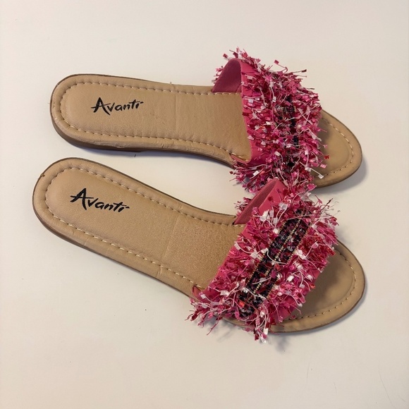 Avanti Shoes - Avanti Pink Fringe Slip On Slide Flat Sandals Vegan Faux Leather Womens US 10